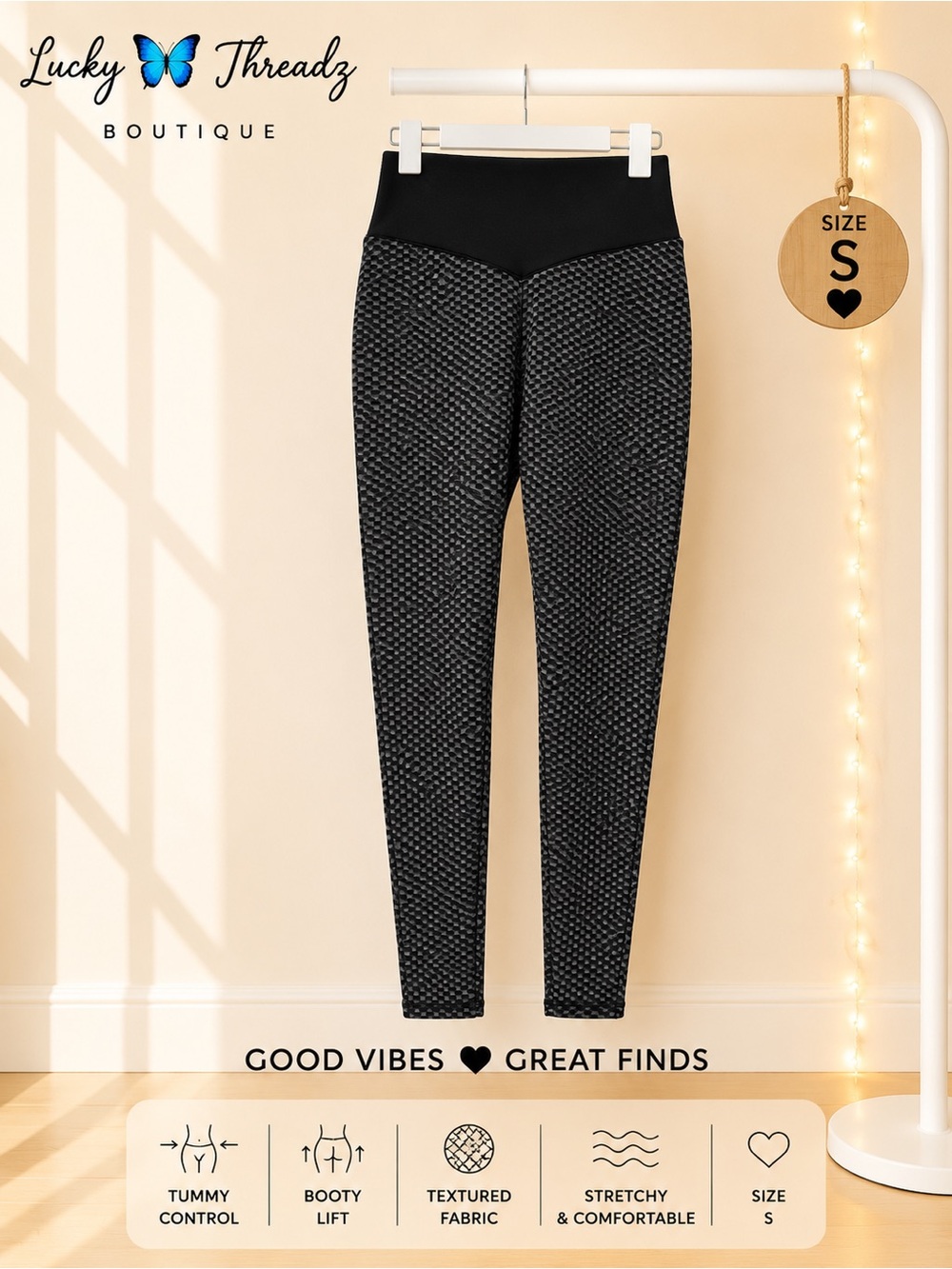 Black Tummy Control Booty Lift Textured Leggings Small